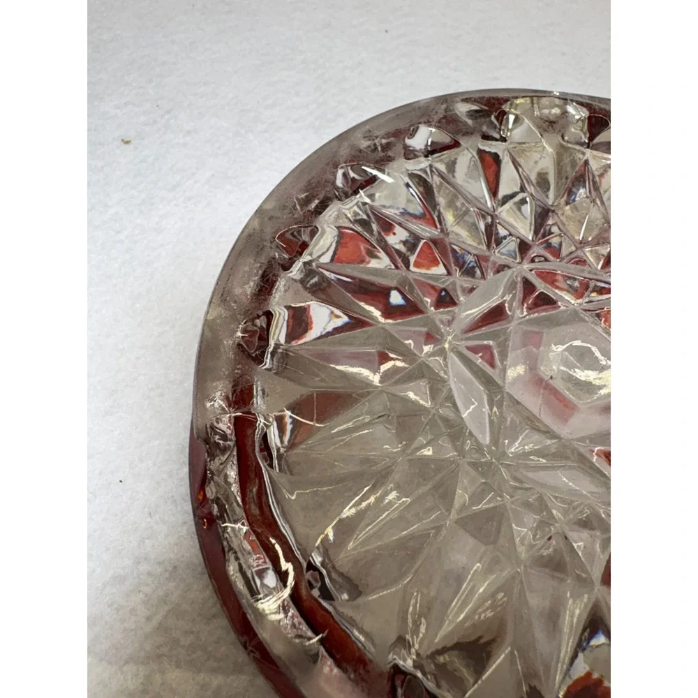 Ruby Stained Pressed Glass Covered Dish Vintage Two Handle Geometric Pattern